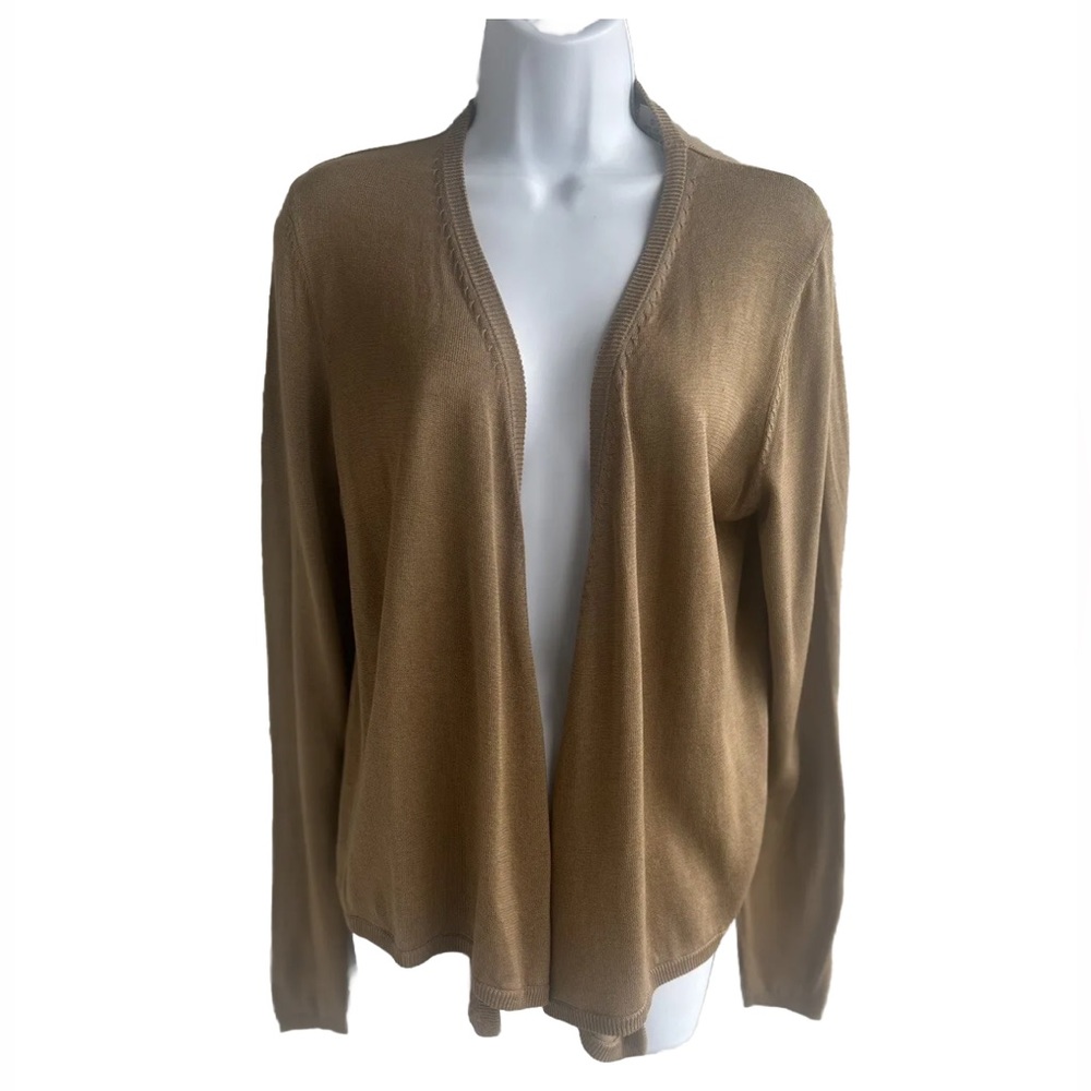 Orvis 100% Spun Silk Fine Knit Open Front Almond Tan Cardigan Sweater Small NWT